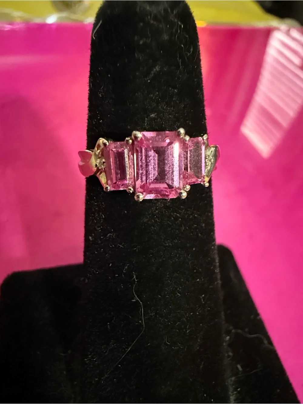 Pink lab created sapphire Three-Stone Emerald Cut Ring